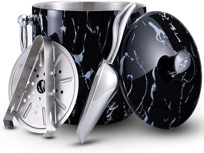 Ice Bucket with Lid, Scoop, Tongs and Strainer - Well Made Insulated Stainless Steel Keep Ice Frozen Longer - Ideal for Cocktail Bar, Parties, Chilling Wine, Champagne - 3 Liter (Black Marble)