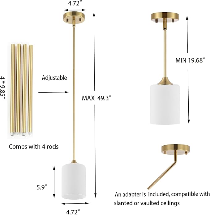 Modern Gold Pendant Light 3 Pack Brushed Brass Mid Century Chandelier White Cylinder Glass Shades Adjustable Rods Farmhouse Ceiling Hanging Lighting Fixture Kitchen Island Dining Room Bedroom