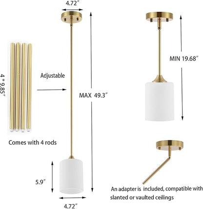 Modern Gold Pendant Light Brushed Brass Mid Century Chandelier White Cylinder Glass Shades Adjustable Rods Farmhouse Ceiling Hanging Lighting Fixture Kitchen Island Dining Room Bedroom