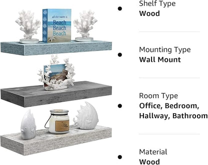 Sorbus Floating Shelves - 3 Pack 16 Inch Rustic Grey Blue Rustic Wall Shelves for Bedroom, Kitchen, Living Room, Bathroom Shelves, Home Decor, Office - Floating Shelf for Trophies, Frames
