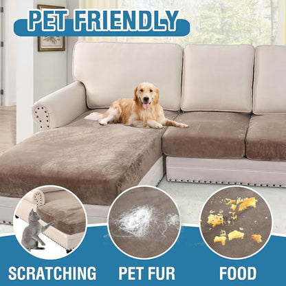 H.VERSAILTEX Velvet Stretch Sectional Couch Covers 4 Pieces Sofa Seat Cushion Covers L Shape Separate Cushion Couch Cover for Both Left/Right Sectional Couch (Large Sofa 3 Seater + 1 Chaise, Taupe)