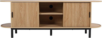 62" Tambour Door TV Stand,Wood Mid Century Modern TV Cabinet for Up to 75“ TV,Curved Edge Long TV Stand with Storage for Bedroom Living Room (Natural, 62.2inch)