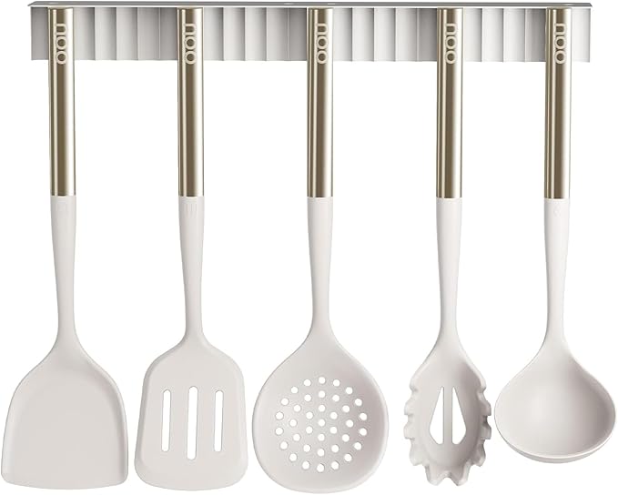 OOU Silicone Kitchen Cooking Utensils Set, 446°F Heat Resistant Kitchen Tool Set with Magnetic Wall Mounted Holder, 6 pcs Spatula Set with Stainless Steel Handle, Dishwasher Safe