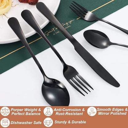 Lazycorner 30 Pcs Black Silverware Set for 6, Mirror Polished Flatware Set Stainless Steel Fork Knife Spoon, Food Grade Eating Utensils Sets, Reusable Silverwear Cutlery Set, Dishwasher Safe