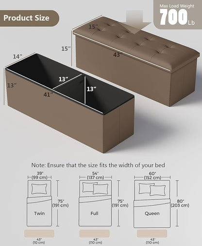 Storage Ottoman Bench, Folding Ottoman Foot Rest, End of Bed Bench,Storage Chest, for Living Room, Bedroom, Hallway, Entryway, Holds up to 700 lb (BROWN1, 43")