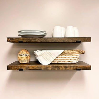 Rustic Shelves with J-Brackets Set of 2, Industrial Shelf, Kitchen Shelves, Solid Wood, Decorative Wall Storage, Heavy Duty, URBANDI (Dark Brown, 12Wx6D)