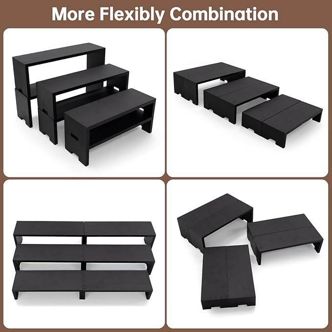 Display Wood Risers Wooden Stand 3 Tier 4 Set 12 Pieces Wood Racks Decorative Rectangular, Cupcake Stands Cologne Perfume Organizer Showcase Items(New Black)