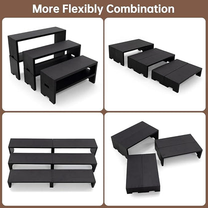 Display Wood Risers Wooden Stand 3 Tier 4 Set 12 Pieces Wood Racks Decorative Rectangular, Cupcake Stands Cologne Perfume Organizer Showcase Items(New Black)