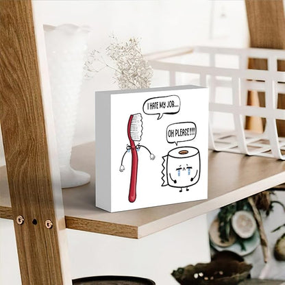 Funny Bathroom Decor, Funny Bathroom Wall Art, Black and White Bathrooms Decoration Decor for Shelves, Wooden Box Decor Sign for Home Farmhouse Office Living Room Table