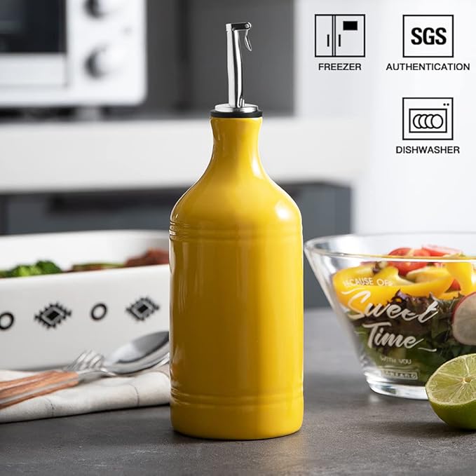Sweejar Ceramic Olive Oil Dispenser Bottle, Opaque Oil Cruet Protects Oil, Suitable for Storage, Pack of 1, 15.5 Fl Oz (Yellow)