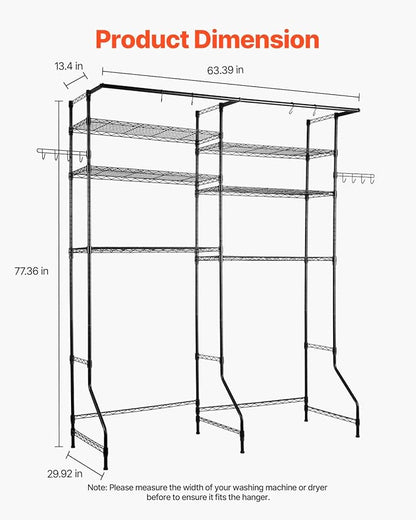 VEVOR Over The Washer and Dryer Storage Shelf, 6 Tier Laundry Room Drying Rack with Hanger Rod and Hooks, Adjustable Over Washer and Dryer Shelves, Laundry Room Shelf Storage Space Saver, Black