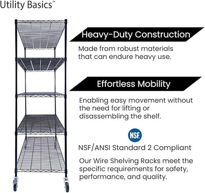 60"x24"x72" Black 5-Tier Premium Metal Wire Shelving NSF 4000 LBS MAX Capacity Heavy Duty Steel Storage Rack for Warehouse, Garage, Hospital, Commercial Space & School w/Premium Wheels