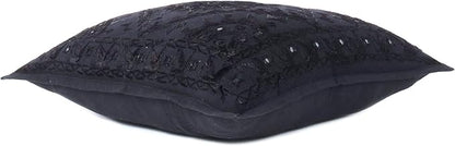 Eyes of India Embroidered Decorative Boho Throw Pillow Cover with Mirrors, Handmade Bohemian Accent Cushion Case for Sofa Couch Bedroom Living Room (Black, 16" x 16")