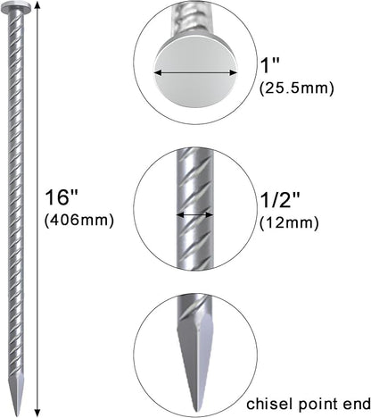 VVOKGO 16 Inch Rebar Stakes Metal Asphalt Anchoring Spikes Ground (12pcs), 1/2 Inch Diameter Galvanized Landscape Anchors Heavy Duty for Speed Bump, Handicap Threshold Ramps, Parking Limits Curb, Tarp
