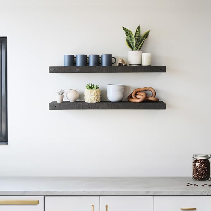 Urban Legacy Reclaimed Barnwood Planks | Floating Shelves for Wall w/Flush Mount Shelf Bracket Set Included | Set of 2 (Coffee Bean, 24"x7"x 2")