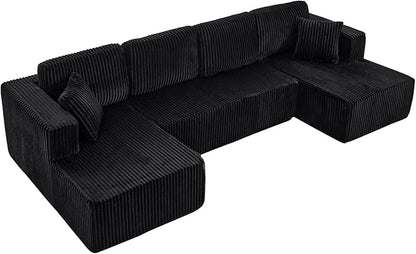 HYJT-H&K Modular Sectional Sofa Cloud Secttional Couch, 132" Comfy U Shaped Couches for Living Room, Deep Seat Memory Foam Fluffy Plush Corduroy Boneless Couch Sectionals with Chaise, Black