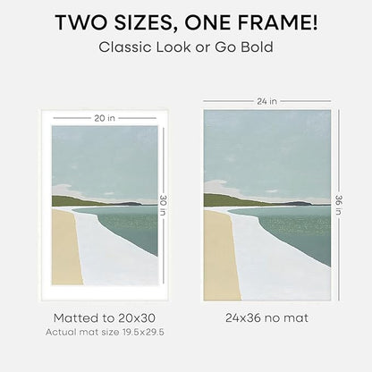 Homeforia White Picture Frame 24x36, High End Oak 24 x 36 Wood Poster Frame with Mat 20 by 30 for Photo, 24x36 Large Wooden Frame Matted to 20x30, 36x24 Thin Frames, Tempered Glass, Wall Kit, Set of 1