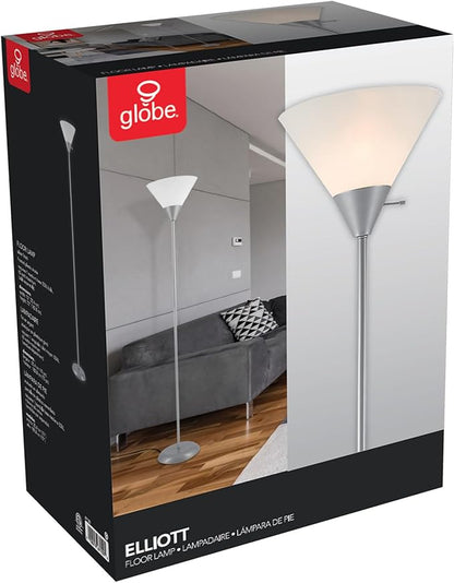 GLOBE Electric 677150 Elliott 72" Floor Lamp, Silver, White Plastic Shade, On/Off Rotary Switch on Shade, Standing, Living Room Decor, Bedroom, Tall, Corner Light