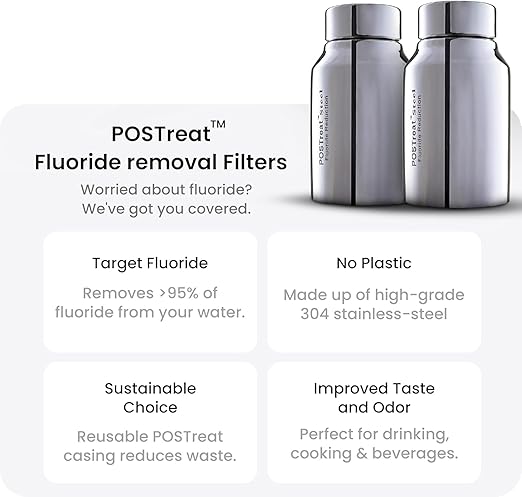 2.25 Gallons NSF Certified AISI 304 Stainless Steel Water Filter with 2 Smart Carbon (Black) Filters, 2 POSTreat Steel Fluoride Removal Elements & Free Stainless Steel Spigot