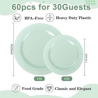 FLOWERCAT 60PCS Sage Green Plates - Heavy Duty Plastic Plates Disposable for Party/Easter - Include 30PCS 10.25inch Sage Green Dinner Plates and 30PCS 7.5inch Dessert Plates