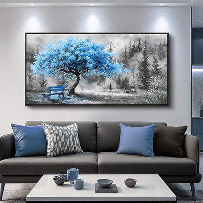 ZUITINGHUA Black Framed Canvas Wall Art For Living Room Large Wall Decor For Office Bedroom Decorations Blue Tree Landscape Pictures Black And White Paintings Artwork Aesthetic Home Decor 30x60 In