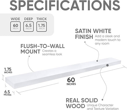 Homeforia Floating White Shelf 60 inches, High End Solid Real Wood 60inch Long Floating Shelves for Wall Mounted, White Wooden 60in Floating Shelves, Heavy Duty Bracket, 60 X 6.5 X 1.75 inch, Set of 2