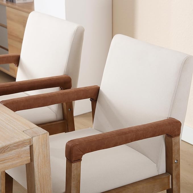 Mid Century Modern Dining Chairs Set of 2 Linen Fabric Upholstered Living Room Side Chair, Kitchen Arm Chair with Solid Wood Legs for Home Kitchen & Restaurant, Linen White