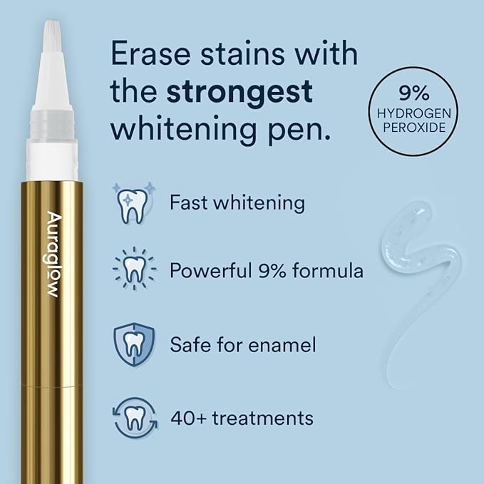 Auraglow Extra Strength Teeth Whitening Pen, 9% Hydrogen Peroxide, 40+ Whitening Treatments, Whitens Teeth Fast, No Sensitivity, 4mL