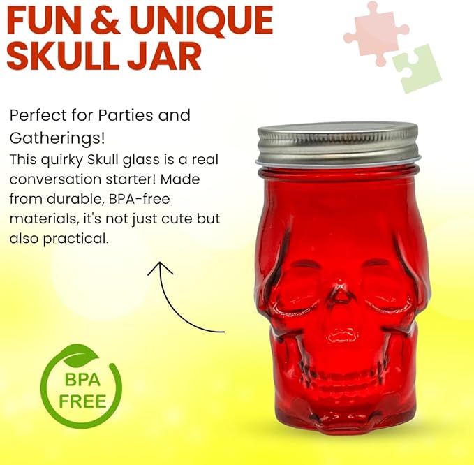 Generic 14 oz Colorful Skull Glass Mason Jar – Mix & Match 7 Vibrant Colors, Large & Durable! (Red)
