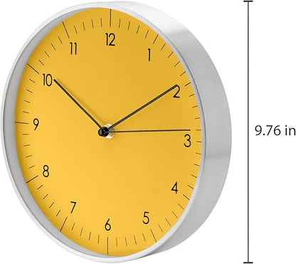 LUUK LIFESTYLE 10” Quartz Wall Clock with Silent Movement, Timeless Scandinavian Design, Kitchen Wall Clock, Decoration for Children's Room, Yellow and Silver