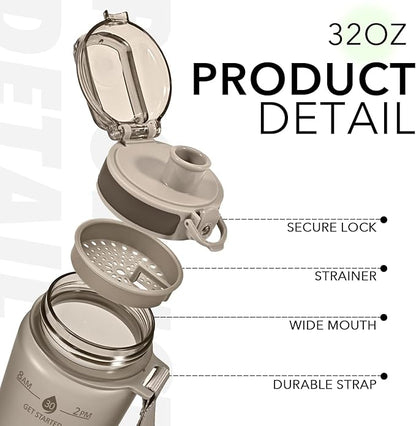 32oz Motivational Water Bottles with Time Marker & Fruit Strainer, Transparent Gradient Color Water Bottle with Times to Drink, Leakproof & BPA Free, Reusable Bottle with Strap (No Straw)