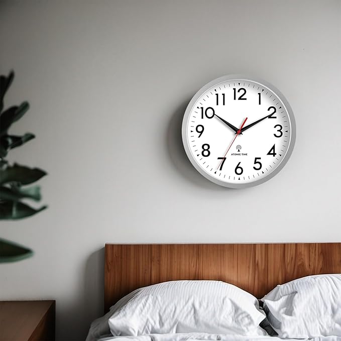 Atomic Wall Clock Analog 10 Inch Battery Operated Modern Decorative for Living Room Kitchen Office Bedroom Bathroom(Silver)