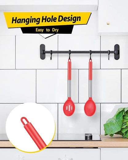 Pack of 2 Large Silicone Cooking Spoons,Non Stick Solid Basting Spoon,Heat-Resistant Kitchen Utensils for Mixing,Serving,Draining,Stirring (RED)