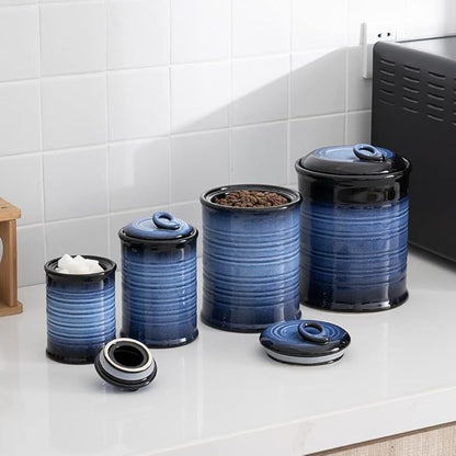 Nihow Food Storage Jar Sets: Ceramic Container with Air Tight Lid for Flour/Sugar/Rice/Coffee/Cookies/Candy - Seal Damp-proof Canister for The Kitchen Counter - Set of 4 （Blue & Black）