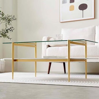 Rectangle Coffee Table for Living Room, Mid-Century Modern Design, L41 x W21 x H17, 2-Tier Structure, Clear Glass Top and White Marble Finish Wood Shelf, Conical Legs with Gold Finish
