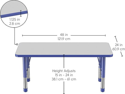 FDP Rectangle Activity School and Kids Classroom Table (24 x 48 inch), Toddler Legs, Adjustable Height 15-24 inches - Gray Top and Blue Edge