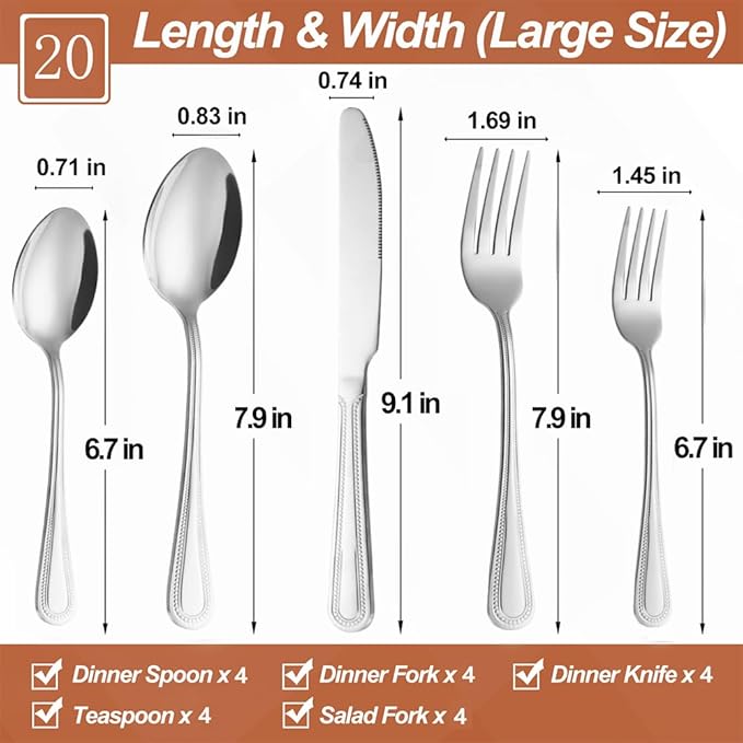 20 Pcs Silverware Set for 4 with Pearled Edge Handle design, Food Grade Stainless Steel Flatware Set, Eating Utensils Sets Include Fork/Knife/Spoon, Reusable Cutlery Set, Dishwasher Safe