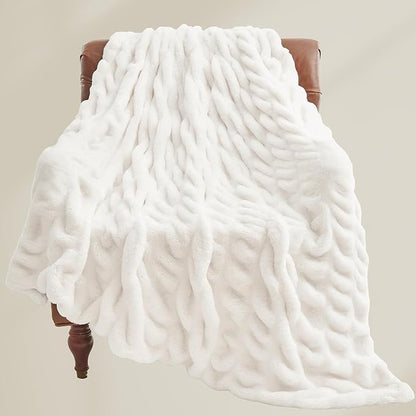 BEDELITE Faux Fur Throw Blanket for Couch, Soft and Cozy Boho Ruched Fluffy Blanket, Warm Plush Fuzzy Faux Rabbit Fur Blanket for Women Gift (Cream, 60"x 80")