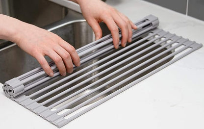 Surpahs Over Sink Foldable Multipurpose Roll-Up Dish Drying Rack, Silicone Wrapped Stainless Steel, Warm Gray, 20.5" x 15.5"