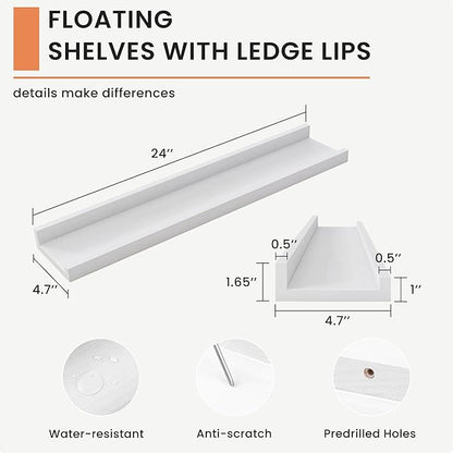 Solid Ash Wood Picture Ledge Shelf, 24 Inch Floating Shelves with Lip Set of 2, Photo Ledge Shelf Nursery Bookshelf Wall Mounted for Living Room Bedroom Decor, White