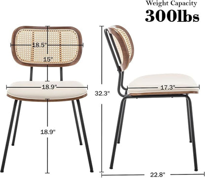 Rattan Dining Chairs Set of 2, Mid Century Modern Dining Chairs with Cane Back for Kitchen Dining Room, 19 Inch Faux Leather Beige