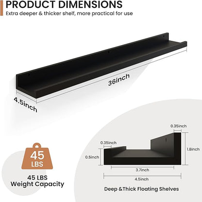 Fun Memories Picture Ledge Shelves Set of 2, 36 Inch Rustic Wall Mounted Floating Shelves with Lip for Home Storage and Décor in Bathroom, Kitchen, Nursery, Bedroom, Living Room, Black
