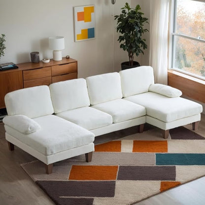 Karl home U-Shape Sectional Sofa Couch 111" Modern 4-Seat Sofa with Chaises Chenille Fabric Upholstered Covertible Couch with Wood Grain Legs for Living Room, Reception Room, Apartment, Beige