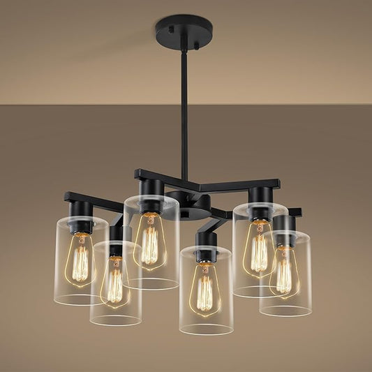 6-Light Modern Farmhouse Black Chandelier, Dining Room Light Fixture Over Table Adjustable Height Hanging Industrial Pendant Lights Kitchen Island, Clear Glass Shade