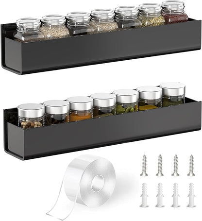 PMMASTO Adhesive Acrylic Spice Rack Organizer for Wall with Nano Double Sided Tape, Spice Shelf Organization for Kitchen Cabinet Door/Pantry Door, Wall Mount Seasoning Rack (Black-2 Pack)