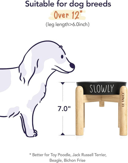 Ceramic Slow Feeder Bowl Elevated - 1.5 Cup with Wood Stand for Small & Medium Breed, Anti-Gulping, Black