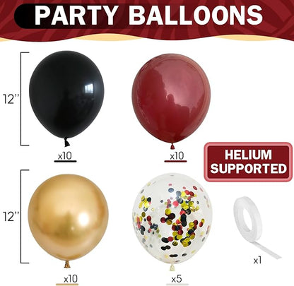 Black Burgundy Gold Balloons 12 Inch Burgundy Maroon Red Black Metallic Gold Latex Confetti Balloon for Kids Graduation Birthday Baby Shower Party Decoration