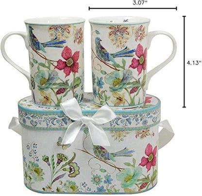Lightahead Elegant Bone China Two Coffee Mugs set in Blue bird design 11.2 oz each cup in attractive gift box