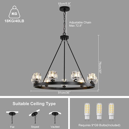 Black Wagon Wheel Chandelier, 36 Inch Black Chandeliers with Unique Glass Shade, 9-Light Crystal Farmhouse Wagon Wheel Chandeliers for Dining Room, Round Chandelier for Living Room, Foyer, Entryway