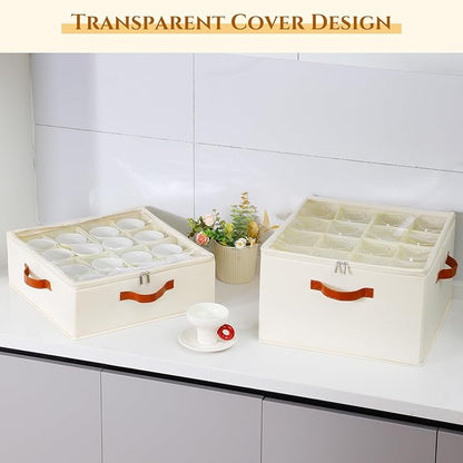 2 Pack Cup and Mug Storage Box with Dividers and Hard Shell, Stackable Coffee Cup Storage Organizer with Lid, Zipper, and Handles for Coffee Mugs, Cups, Glasses, Stemware Storage Containers for Moving